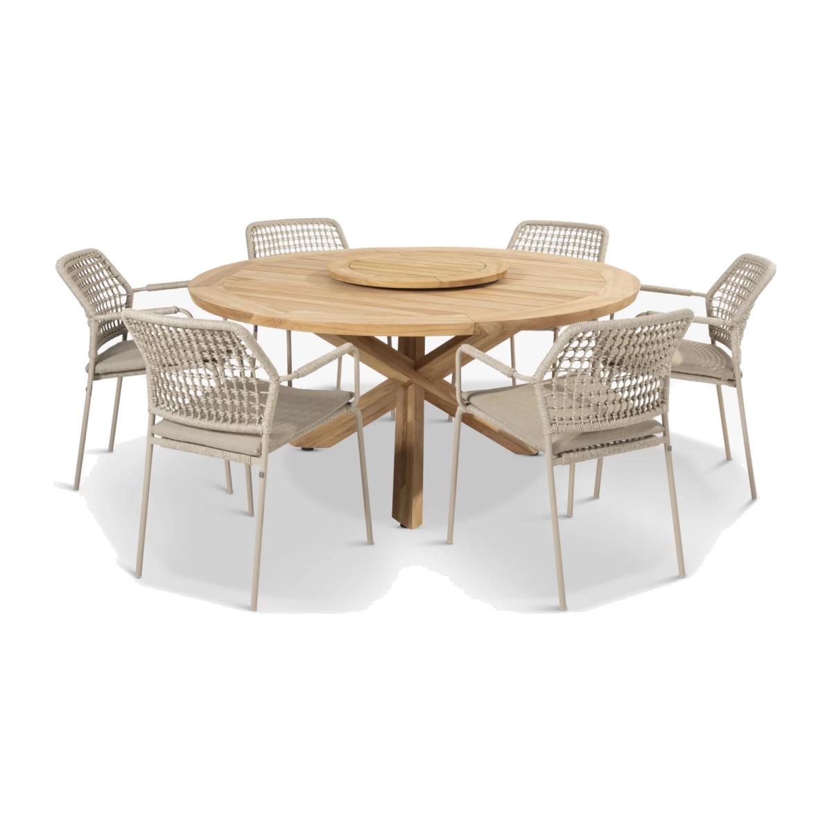 4 Seasons Outdoor Barista & Prado 6-Seater Garden Dining Set with Lazy Susan, FSC-Certified (Teak Wood), Latte/Natural – image 1