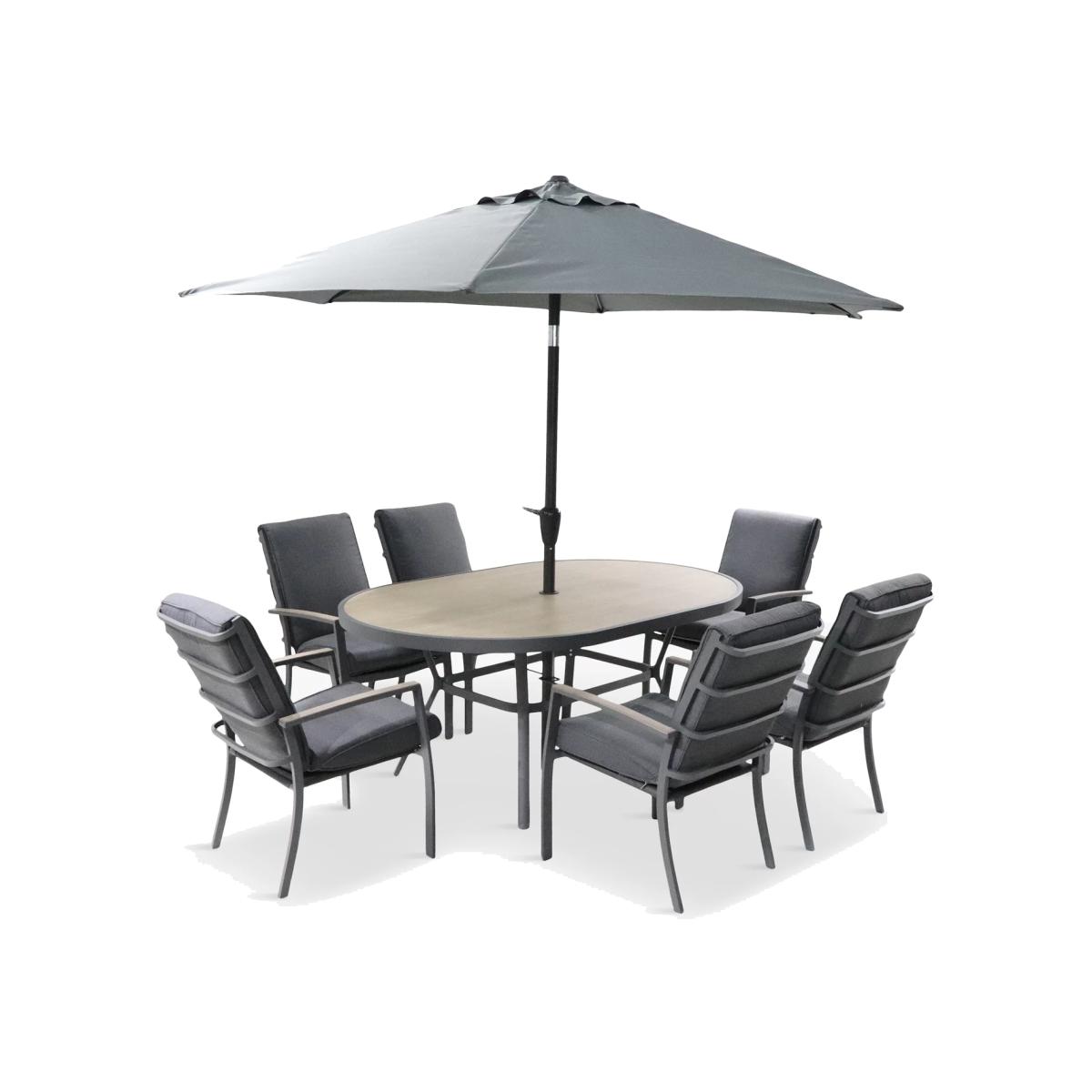 LG Outdoor Monza 6-Seater Garden Oval Dining Table & Chairs Set with Parasol, Grey – image 1
