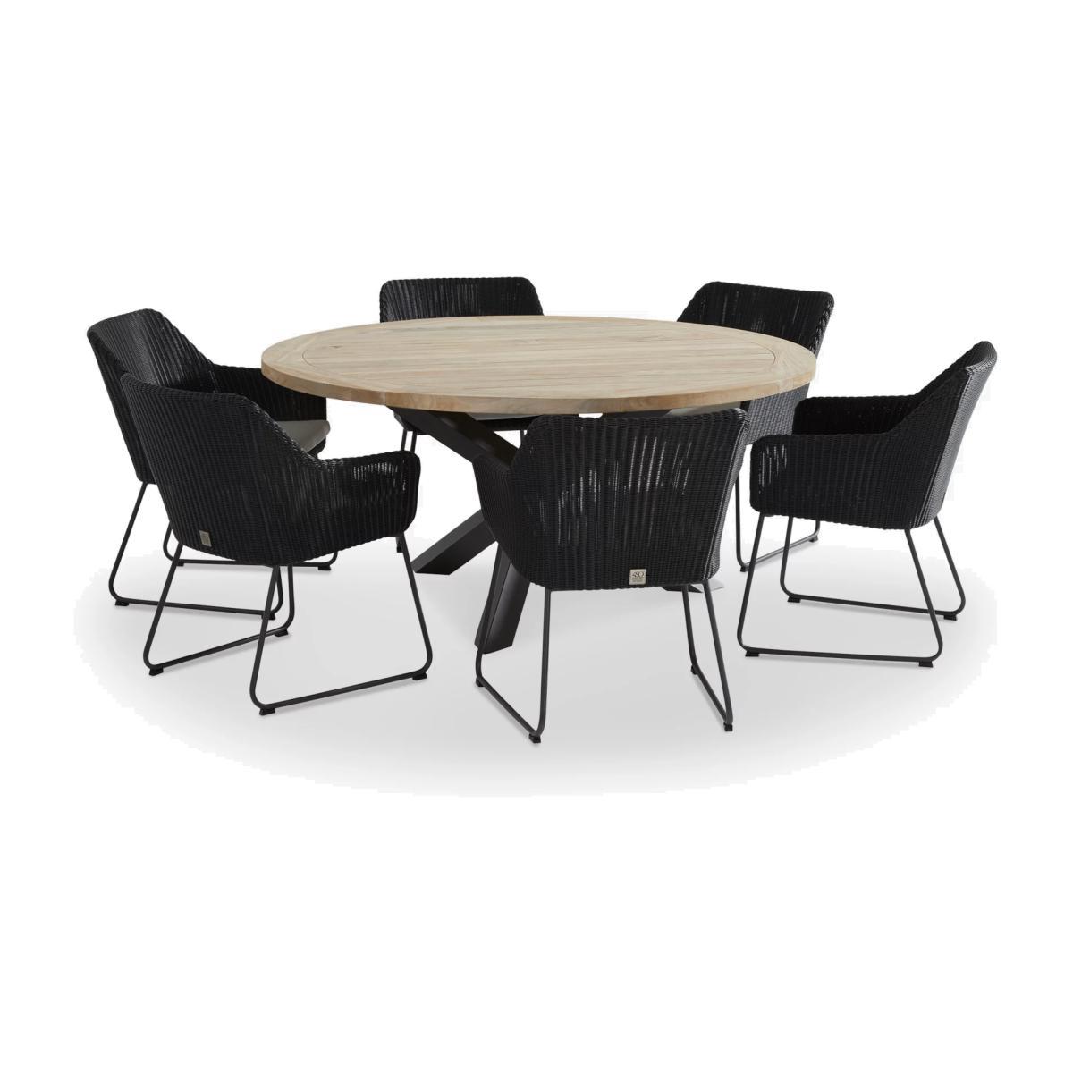 4 Seasons Outdoor Avila 6-Seater Round Garden Dining Table & Chairs Set, FSC-Certified (Teak Wood), Anthracite/Natural – image 1