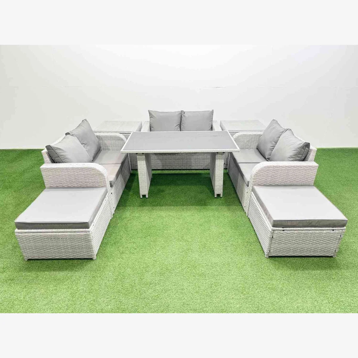 Fimous 8-Seater Patio Garden Furniture Set with Black Tempered Glass Dining Table in Light Grey. - Light Grey – image 1