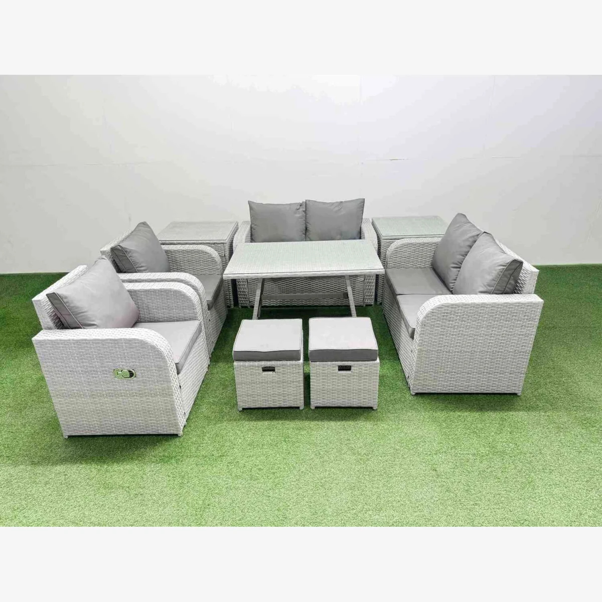 Fimous 8 Seater PE Rattan Garden Furniture Set with Rectangular Dining Table Light Grey - Light grey rattan + dark grey fabric – image 1