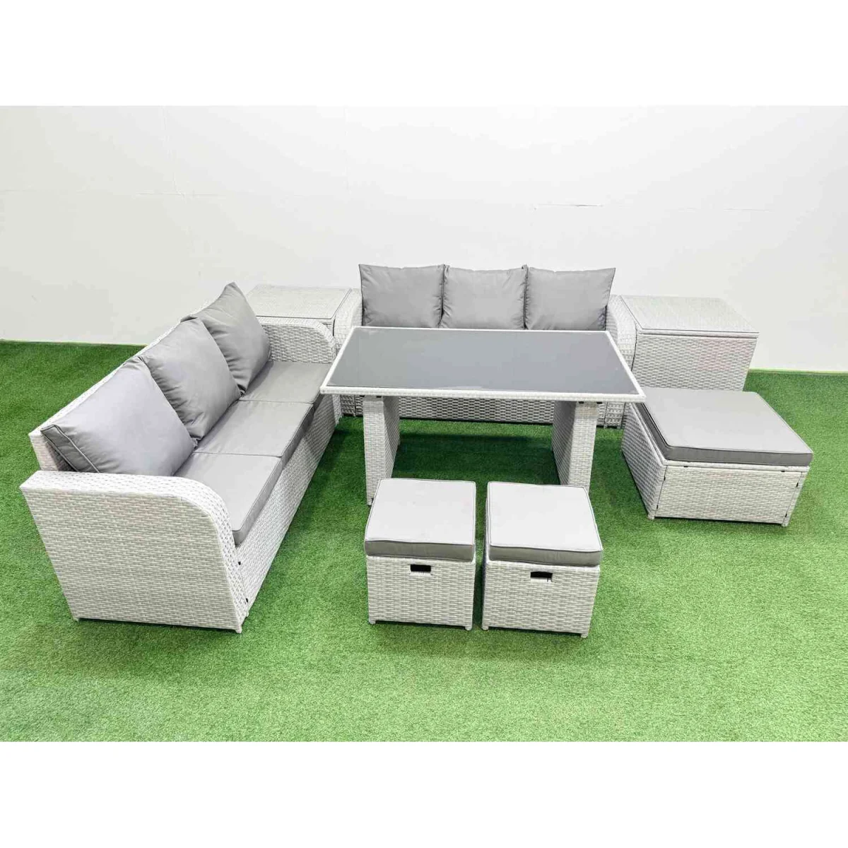 Fimous 9-Seater Rattan Outdoor Dining Set with 3-Seater Sofas, 2 Side Tables and 3 Stools. - Light grey PE rattan with dark grey fabric – image 1