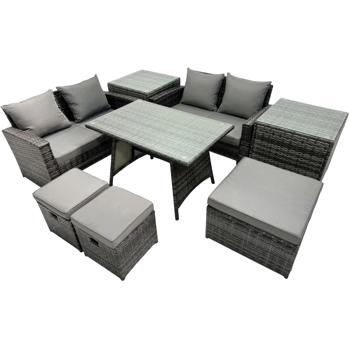Fimous 7-Seater PE Rattan Outdoor Dining Set - Dark Grey Mixed - Dark grey mixed rattan with dark grey fabric – image 5