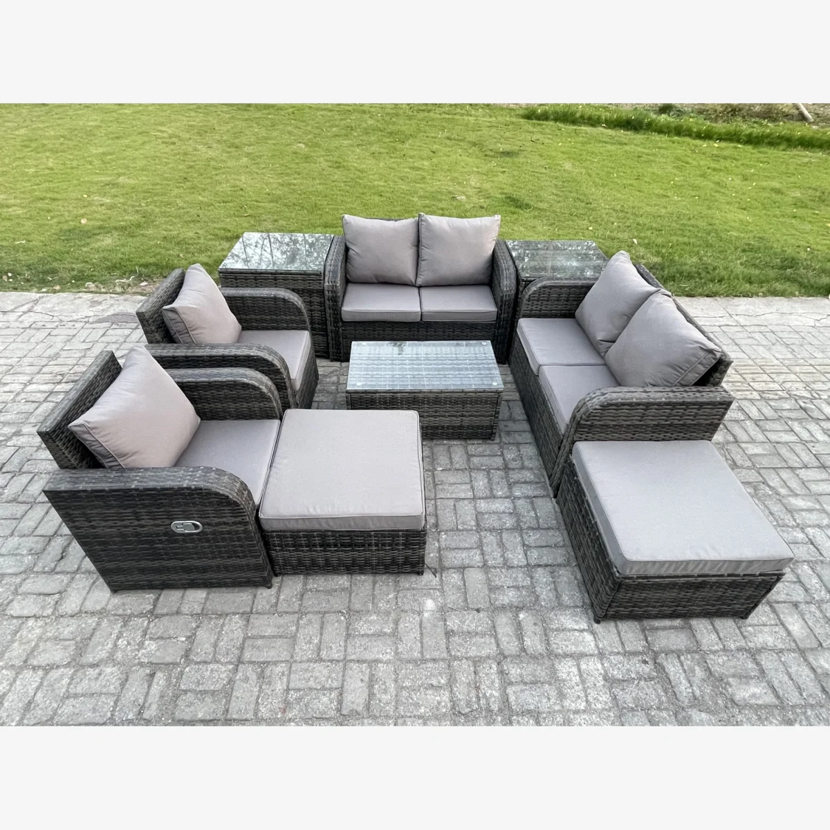 Fimous High-Back Rattan Garden Furniture Set, 8-Seater, Dark Grey. - Dark grey mixed rattan with dark grey fabric – image 1