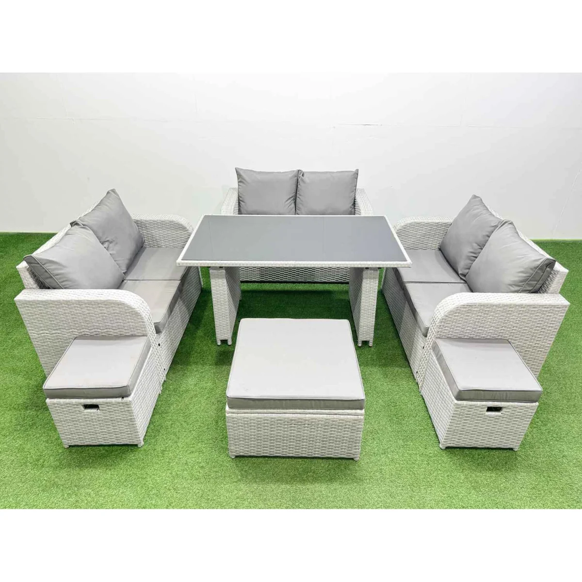 Fimous 9-Seater Light Grey PE Rattan Set - Light grey rattan + dark grey fabric – image 1