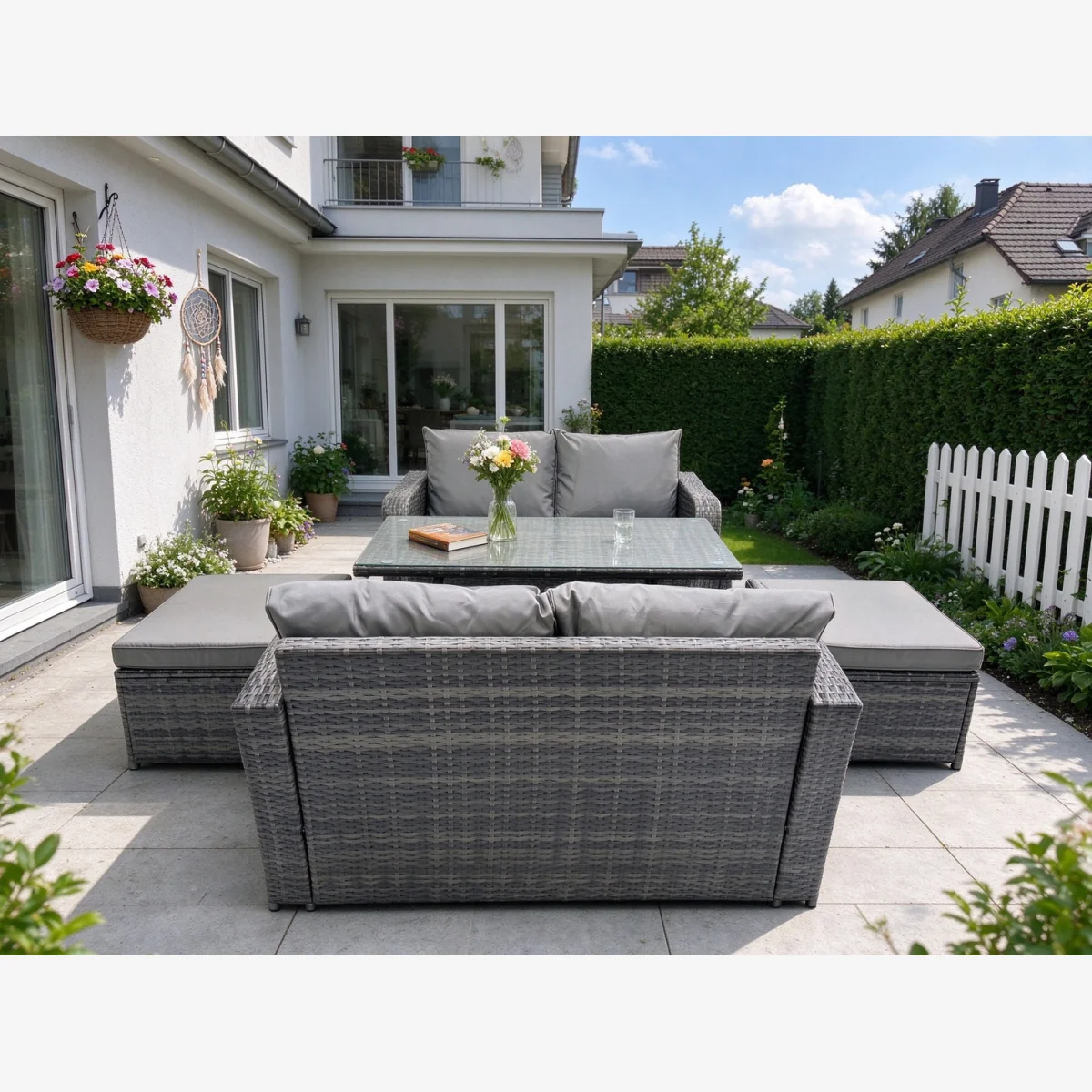 Fimous 5-Piece Outdoor PE Rattan Dining Set – Rectangular Table, Love Sofa & 2 Footstools, Dark Grey