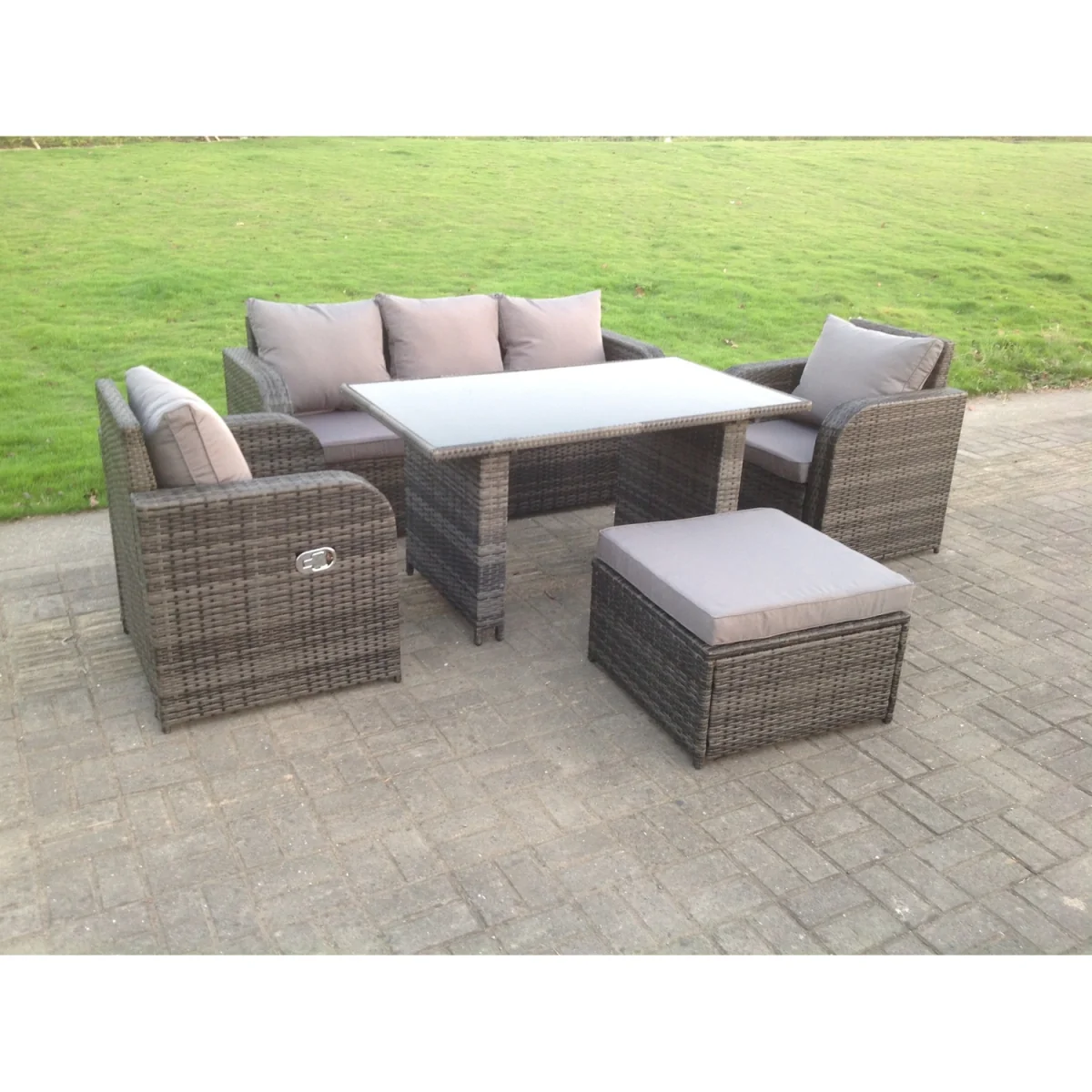Rattan Garden Furniture Set Rectangular Dining Black Glass Table - Dark Grey Mixed – image 4