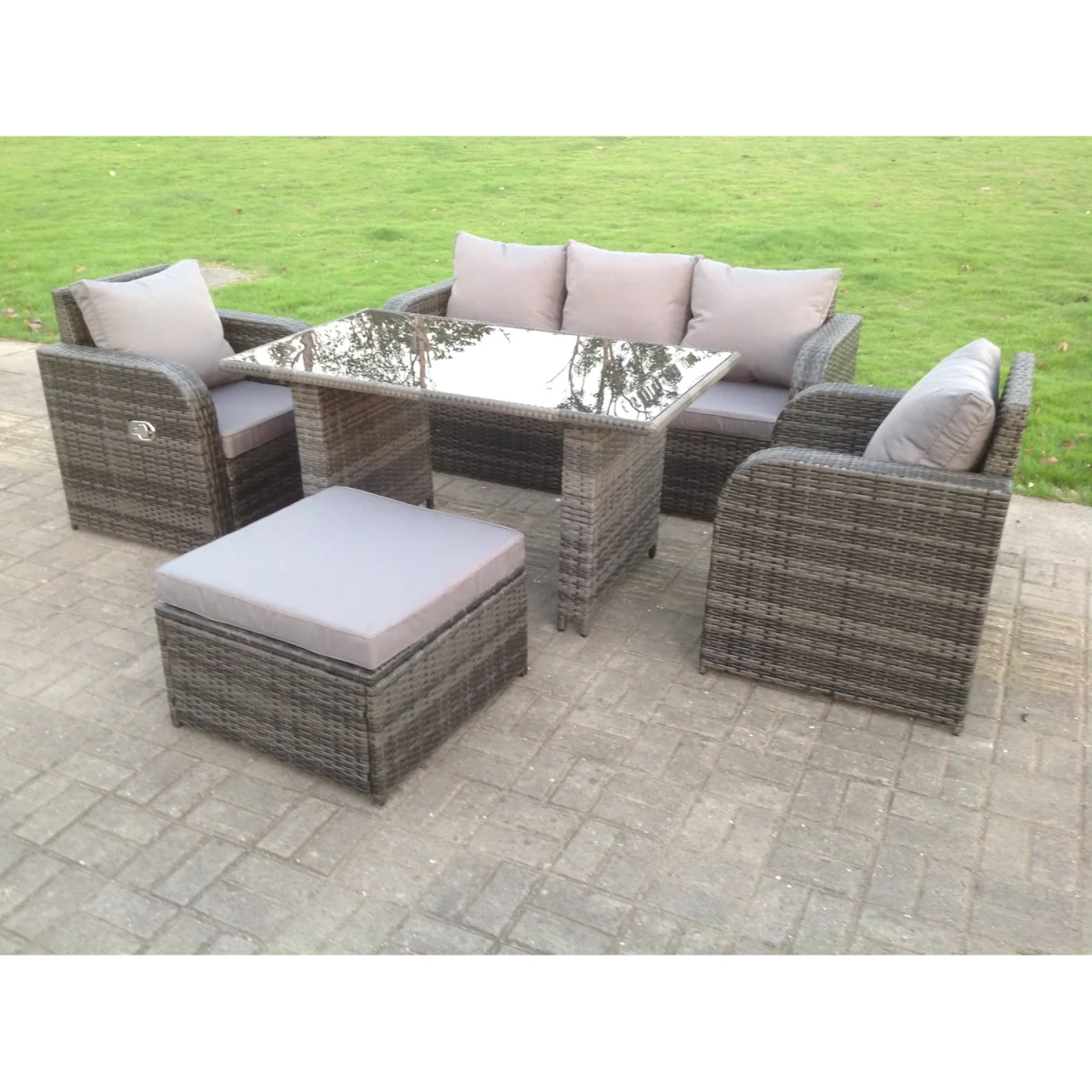 Rattan Garden Furniture Set Rectangular Dining Black Glass Table - Dark Grey Mixed – image 5