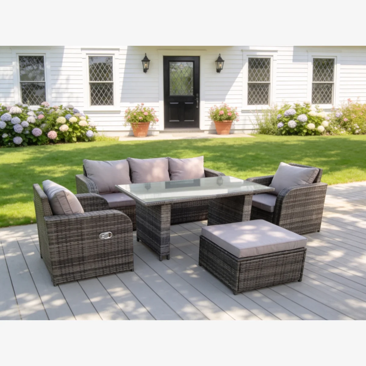Rattan Garden Furniture Set Rectangular Dining Black Glass Table - Dark Grey Mixed – image 1