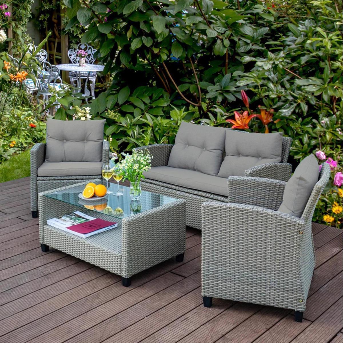 4PC Rattan Garden Dining Sofa Set With Coffee Table - Grey