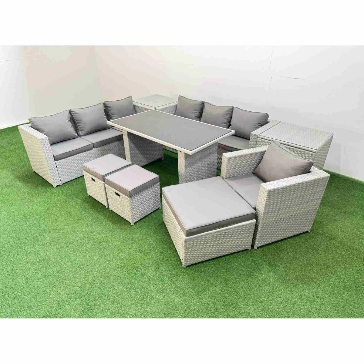 Fimous Outdoor Rattan Dining & Seating Set with Black Glass Table - Light grey mixed rattan with dark grey fabric – image 2