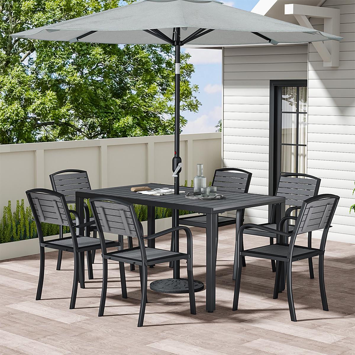 6-Seater Wood Effect Garden Dining Table and Chairs Set - Grey