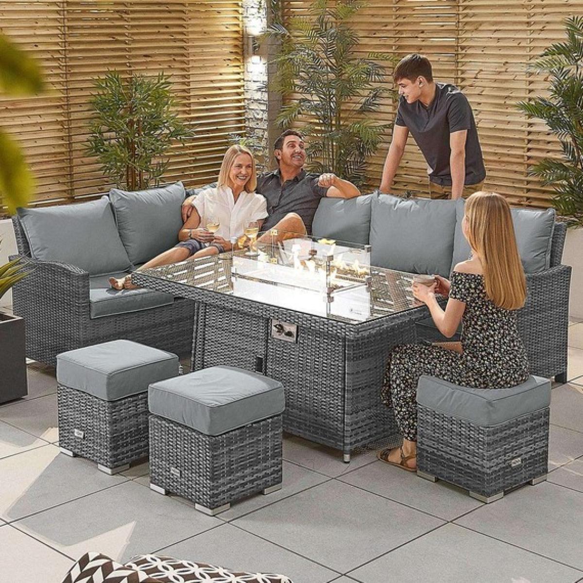Cambridge Left Hand Corner Rattan Dining Set With Firepit Table - Grey - Grey