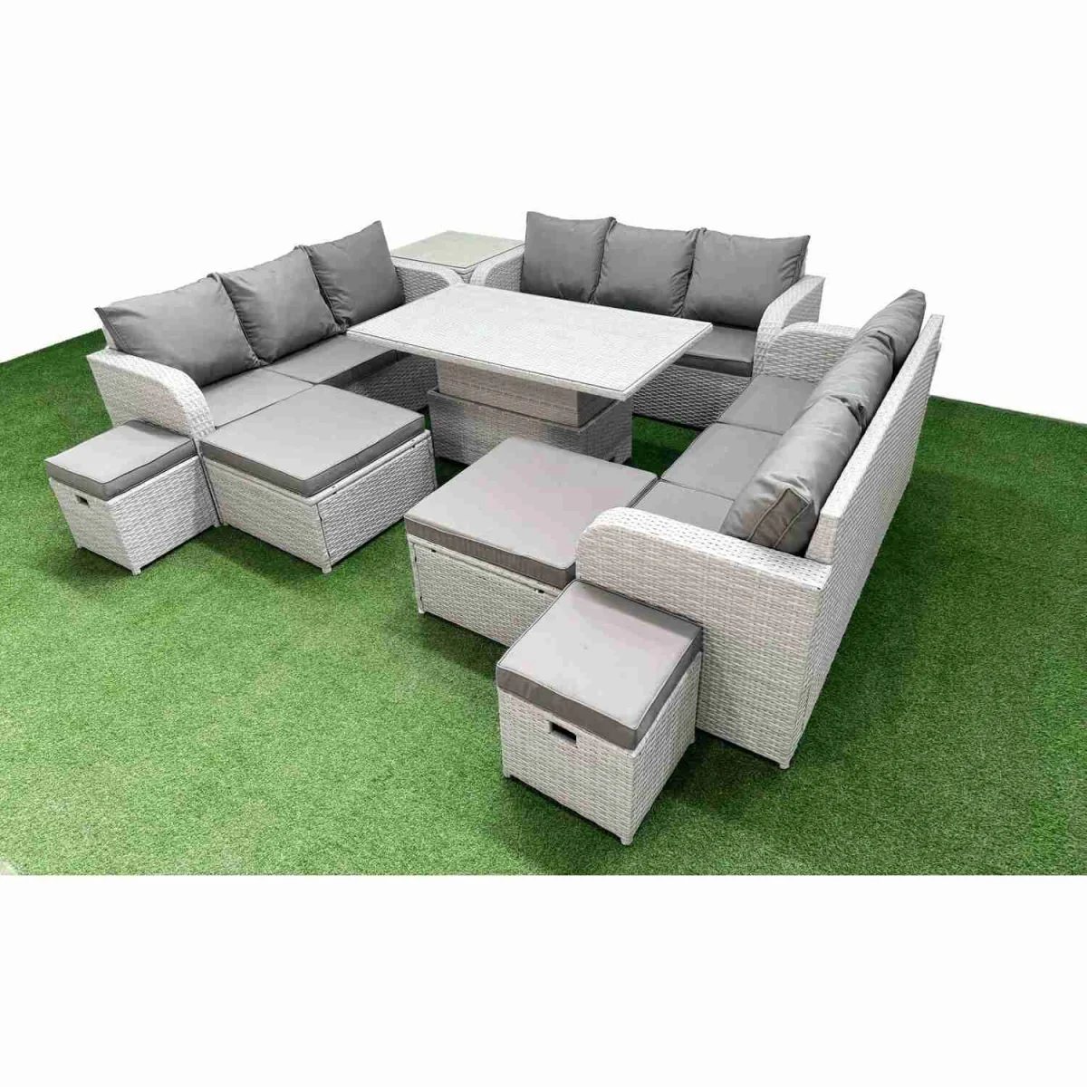 Fimous 8-Piece Garden Rattan Dining Set 13-Seater Lifting Table Light Grey - Light grey PE rattan with dark grey fabric – image 5
