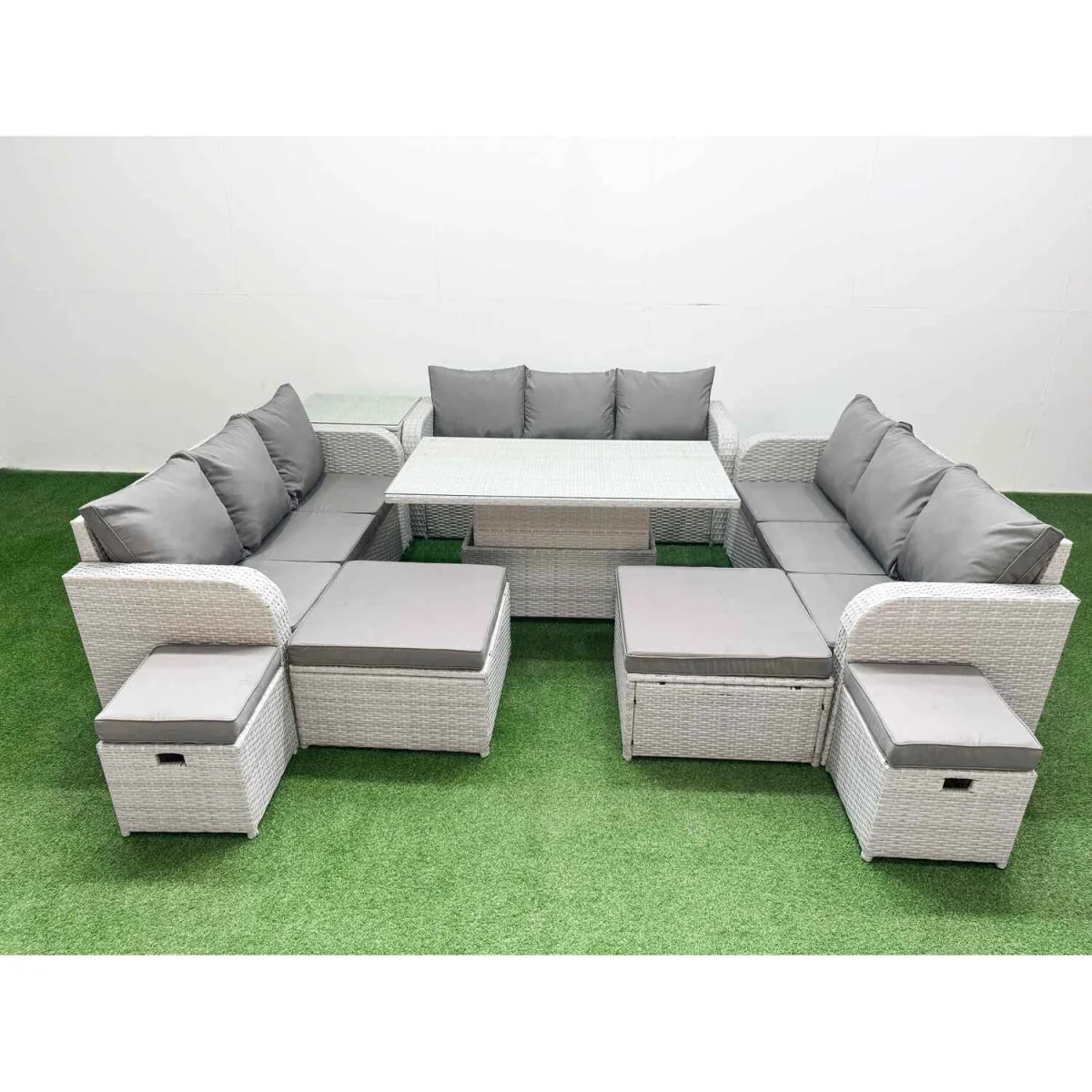 Fimous 8-Piece Garden Rattan Dining Set 13-Seater Lifting Table Light Grey - Light grey PE rattan with dark grey fabric – image 1