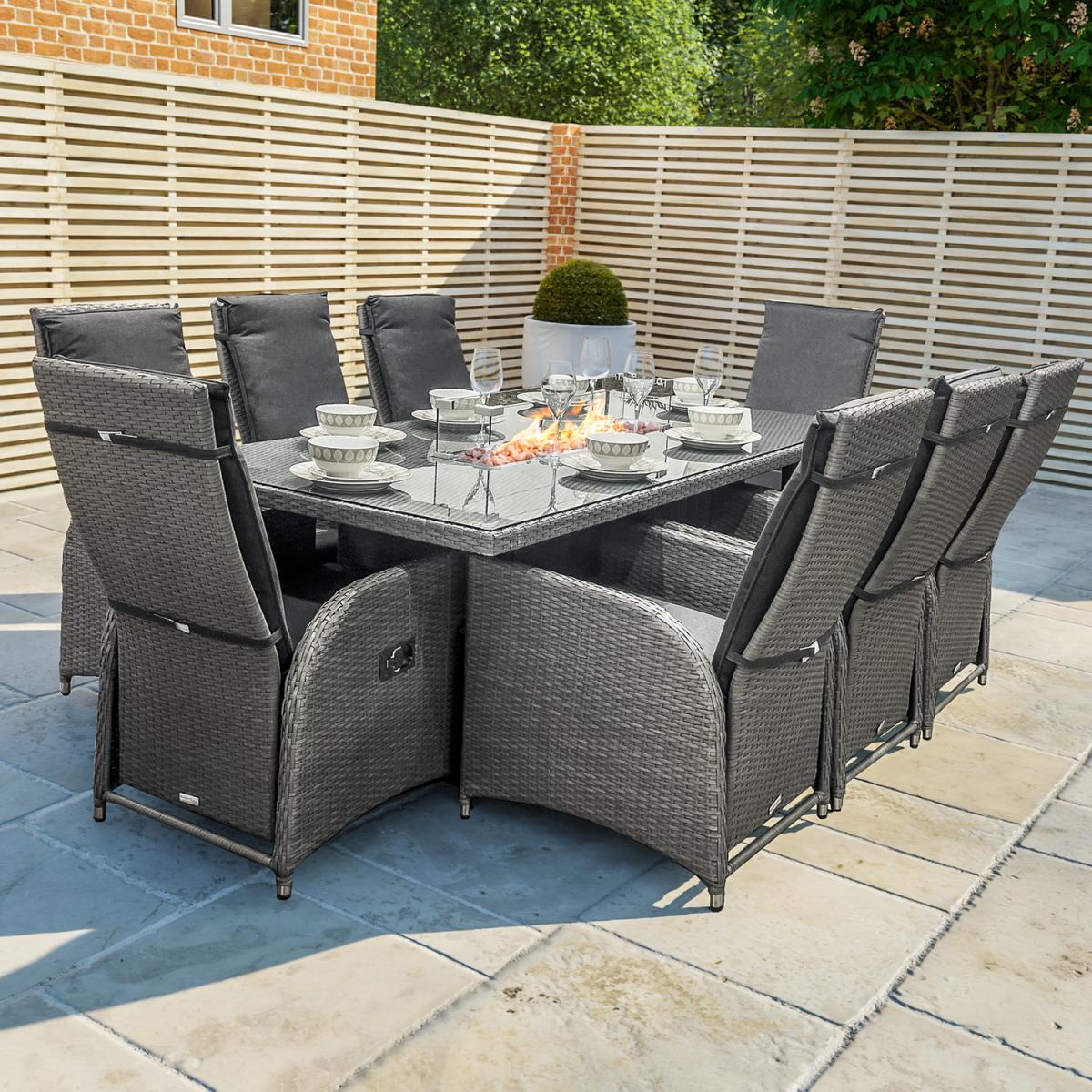 Dakota 8 Seat Rect. Rattan Furniture Fire Pit Set 2.1m and Recliners - Grey – image 2
