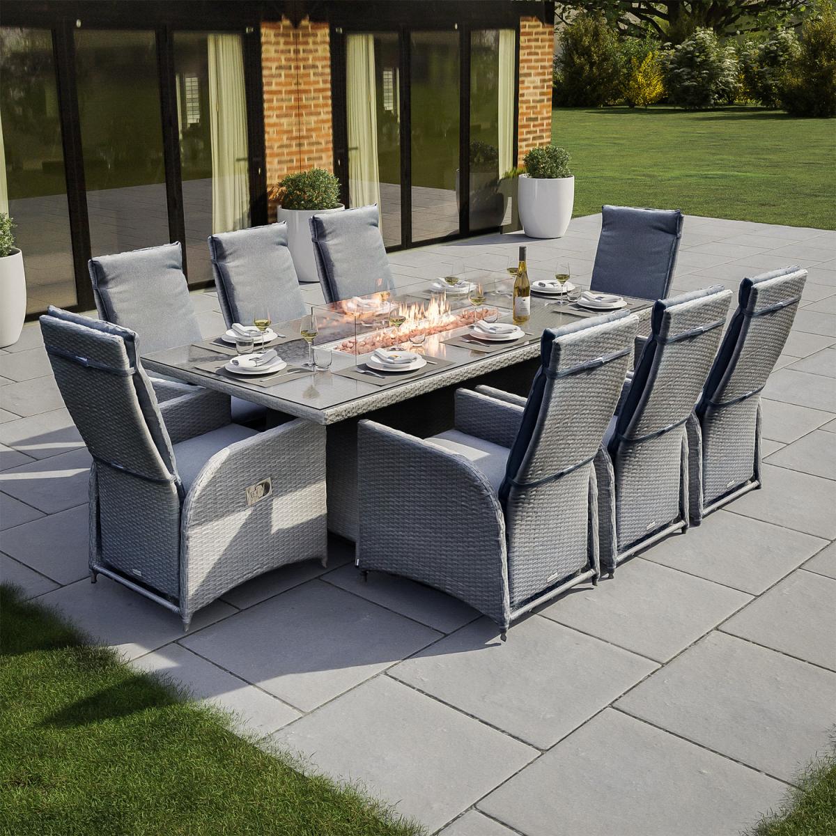 Dakota 8 Seat Rect. Rattan Furniture Fire Pit Set 2.1m and Recliners - Grey – image 1