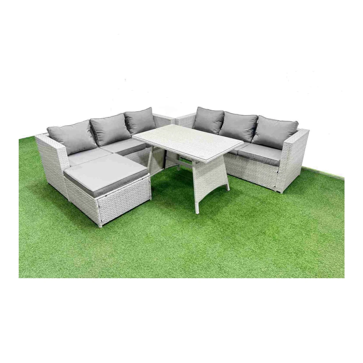 Fimous 7-Seater Rattan Garden Dining Set, Light Grey. - Light Grey – image 1