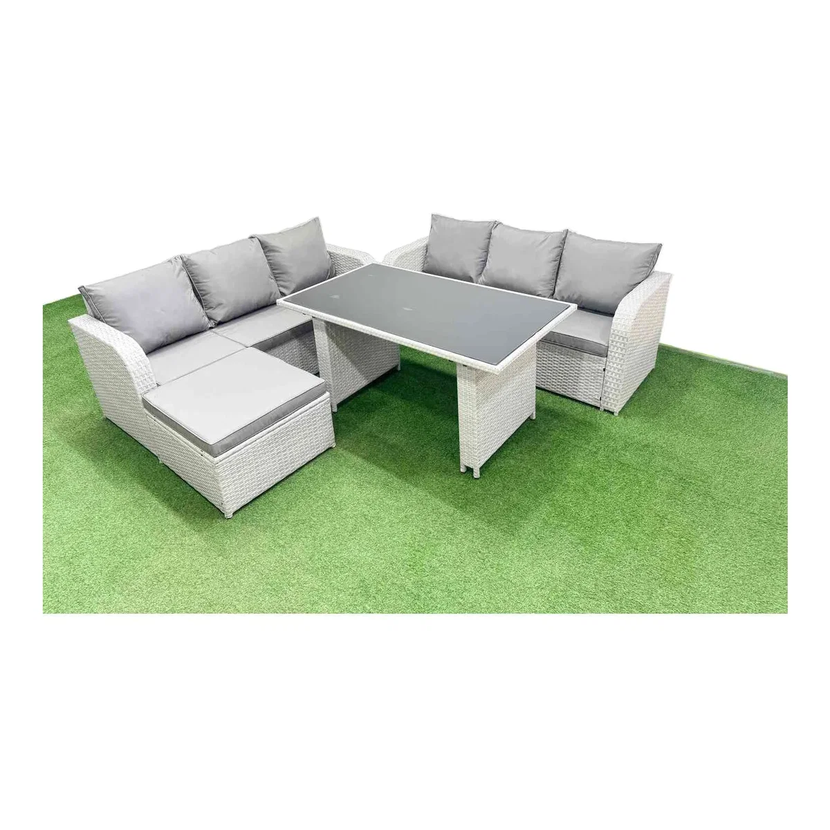 Fimous 7-Seater Rattan Outdoor Dining Set with Tempered Glass Table Light Grey - Light Grey – image 1
