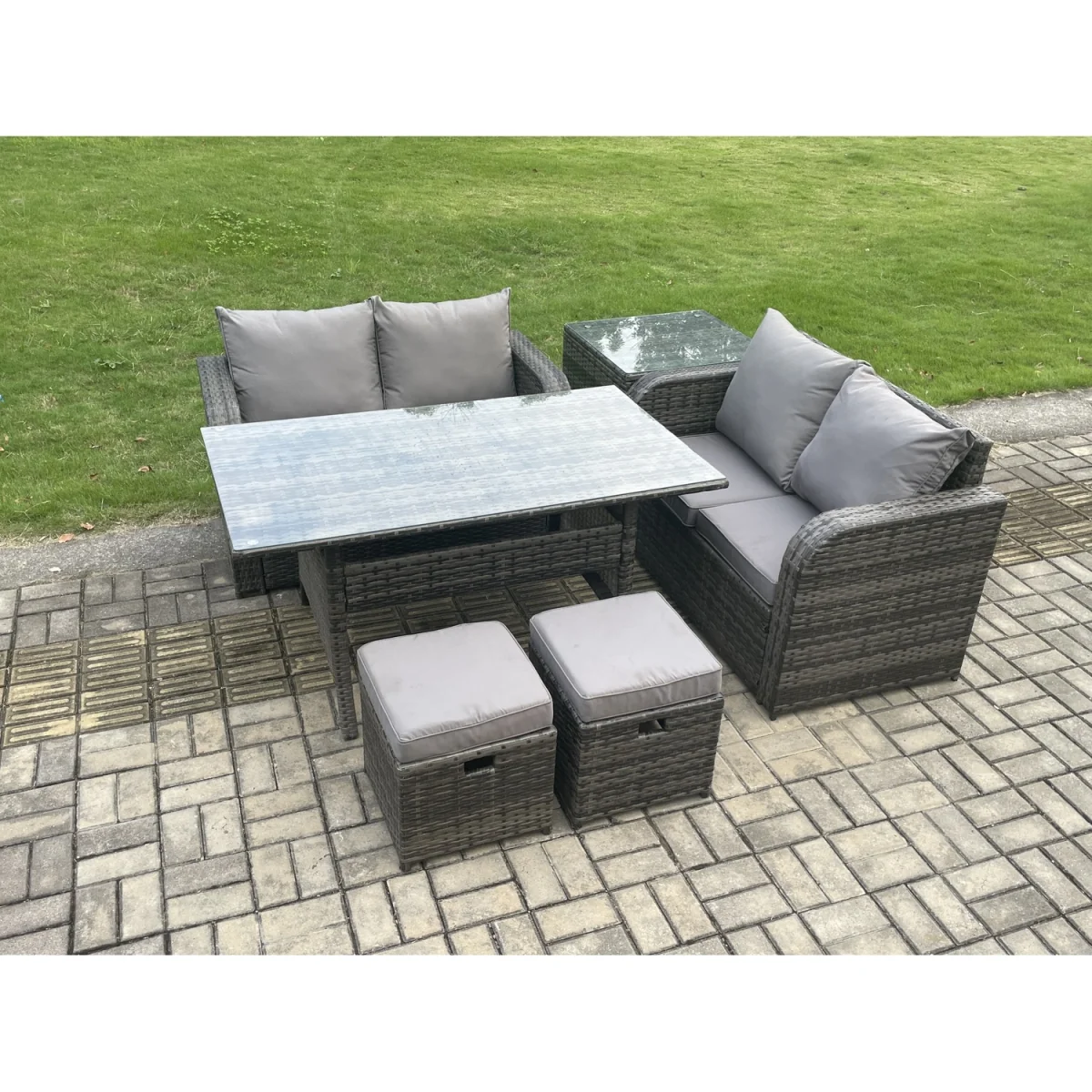 Fimous Rattan Garden Loveseat Dining Set with Side Table & 2 Stools - Dark Grey – image 3