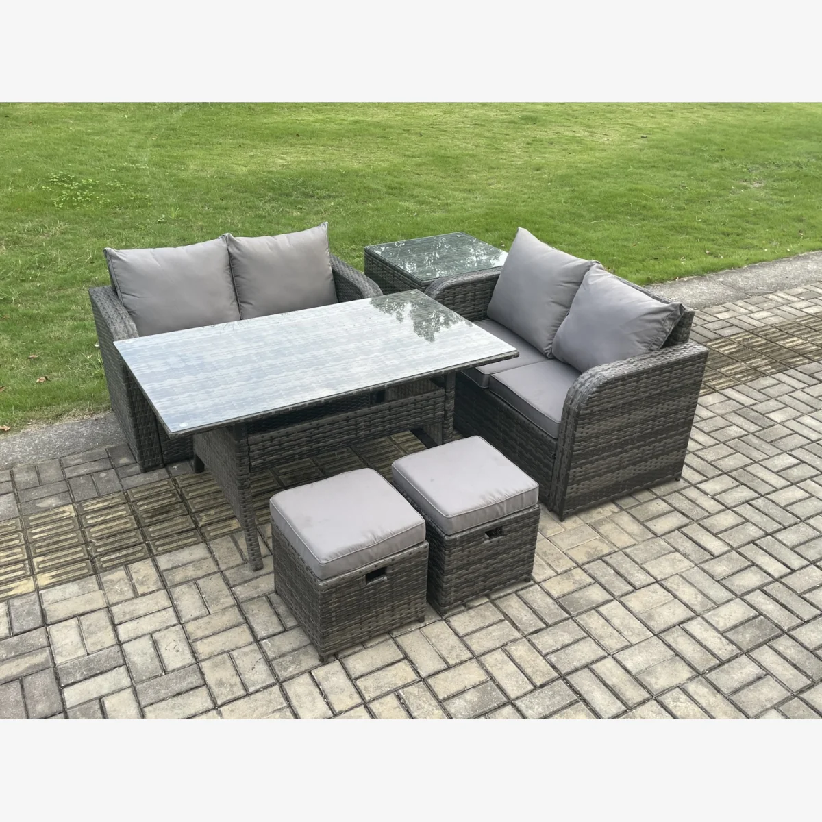 Fimous Rattan Garden Loveseat Dining Set with Side Table & 2 Stools - Dark Grey – image 1