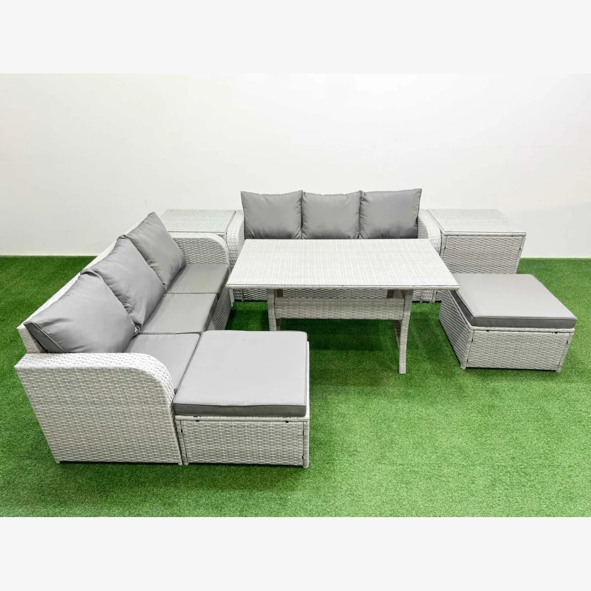 Fimous 8-Seater PE Rattan Outdoor Garden Furniture Set with Dining Table, Light Grey. - Light grey PE rattan with dark grey fabric – image 1