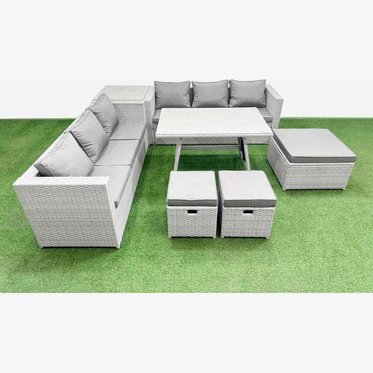 Fimous Rattan 9-Seater Garden Dining Set with Rectangular Table Light Grey - Light grey mixed rattan with dark grey fabric – image 1