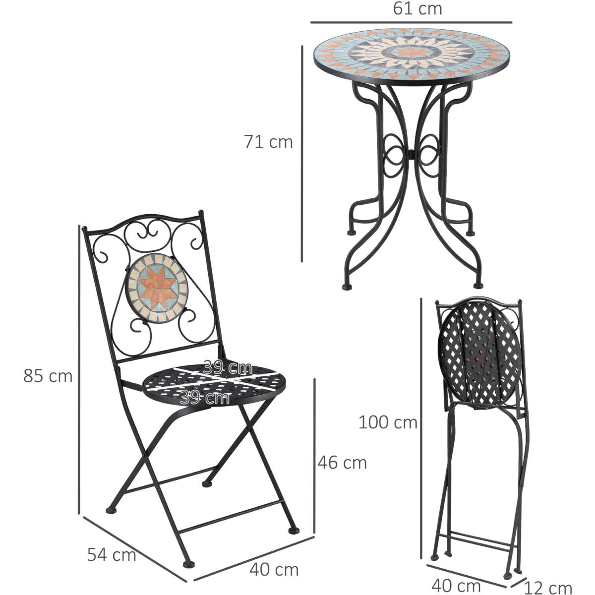 3 Piece Garden Bistro Set Folding Chairs and Mosaic Tabletop - Blue, Yellow, Cream White – image 2