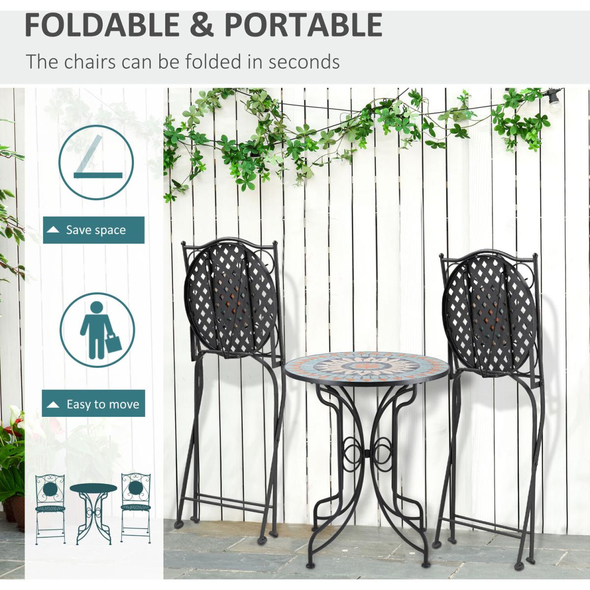 3 Piece Garden Bistro Set Folding Chairs and Mosaic Tabletop - Blue, Yellow, Cream White – image 5