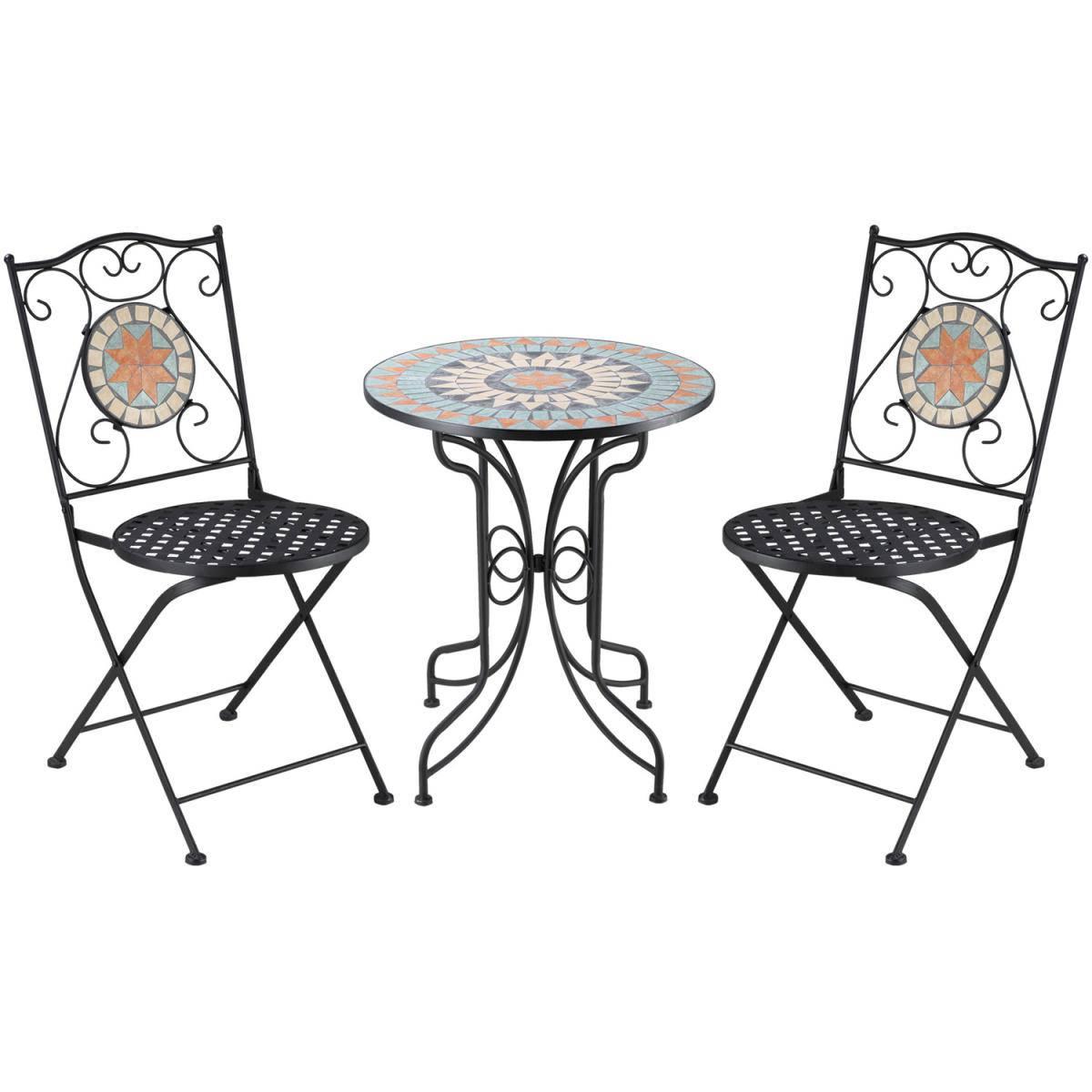 3 Piece Garden Bistro Set Folding Chairs and Mosaic Tabletop - Blue, Yellow, Cream White – image 6