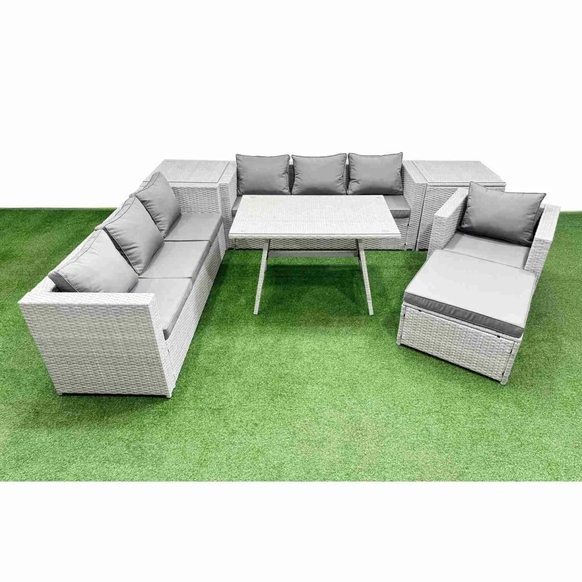 Fimous Outdoor 8-Seater Rattan Garden Dining Set with Glass Table and Sofa - Light Grey – image 1
