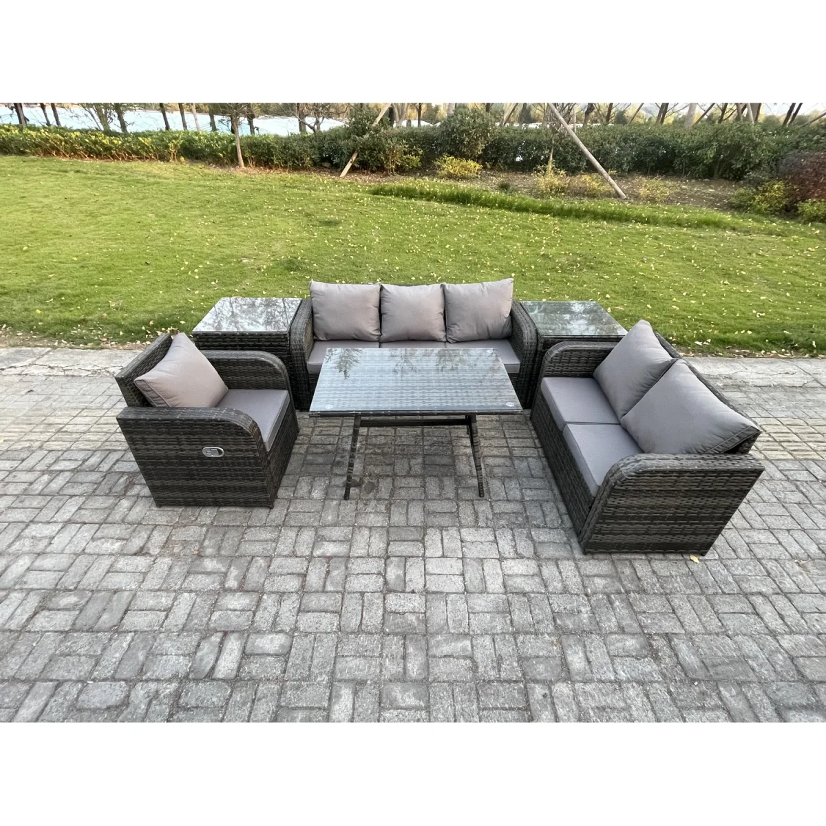 Fimous 6-Seater Outdoor Rattan Garden Set Dark Grey - Dark grey mixed rattan with dark grey fabric – image 4