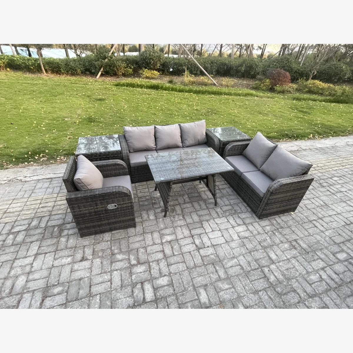 Fimous 6-Seater Outdoor Rattan Garden Set Dark Grey - Dark grey mixed rattan with dark grey fabric – image 1