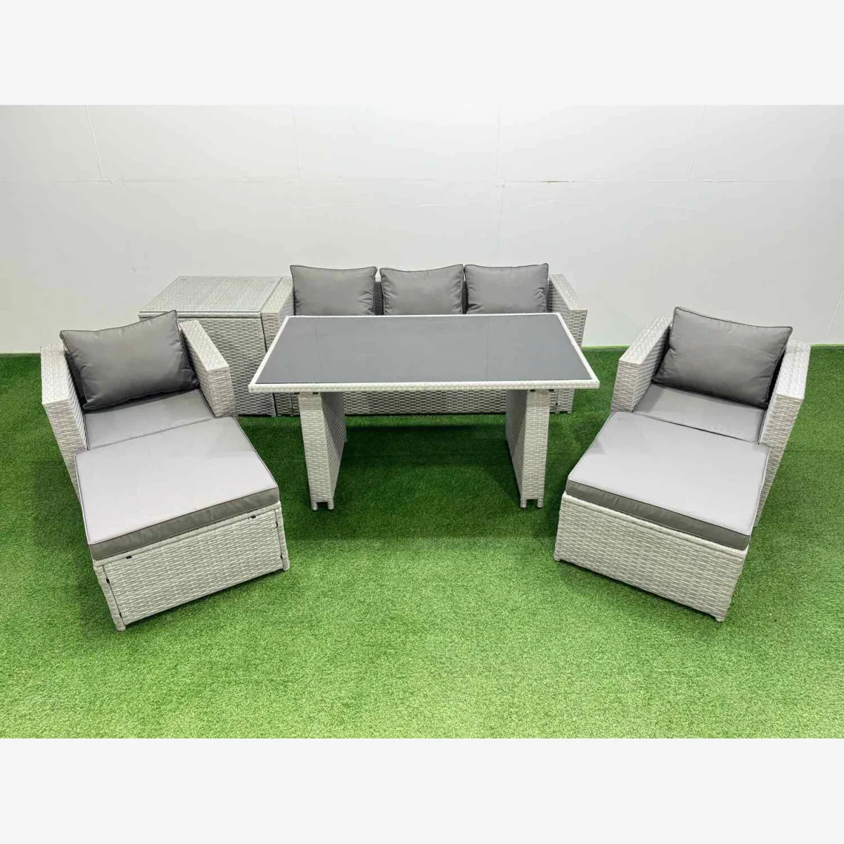 Fimous Light Grey 8-Seater Outdoor PE Rattan Furniture Set with Tempered Glass Table. - Light grey mixed rattan with dark grey fabric – image 1