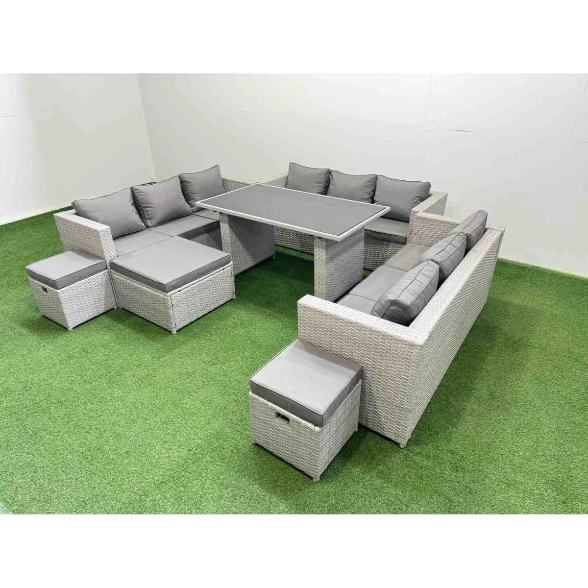 Fimous 7-Piece Patio Rattan Furniture Set with Black Tempered Glass Table Light Grey - Light grey mixed rattan with dark grey fabric – image 2