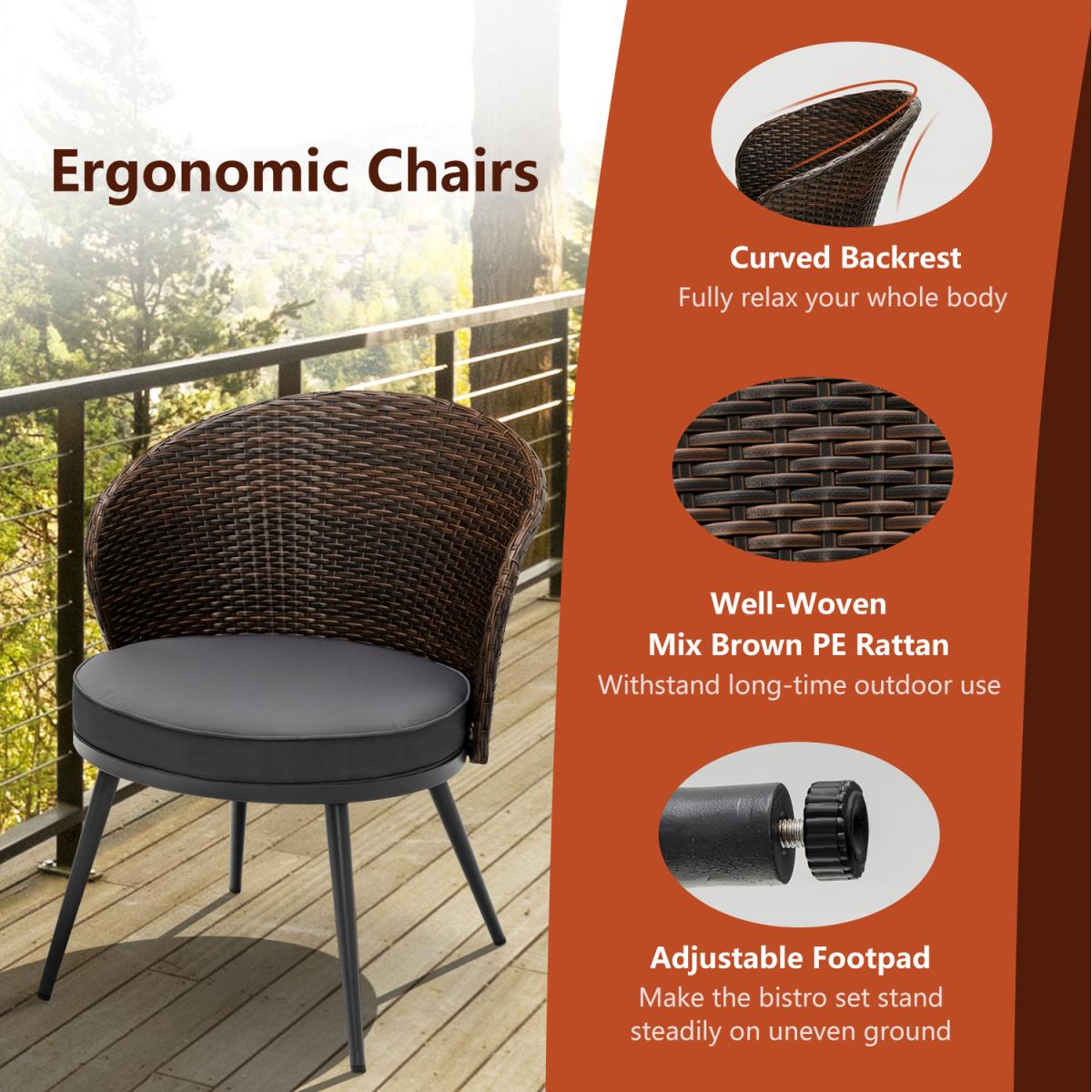 3 Piece Patio Rattan Bistro Set-Brown - Brown – image 2
