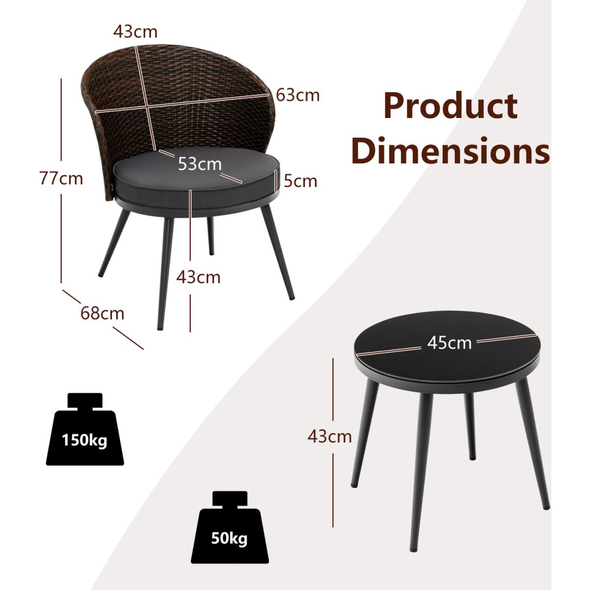 3 Piece Patio Rattan Bistro Set-Brown - Brown – image 3