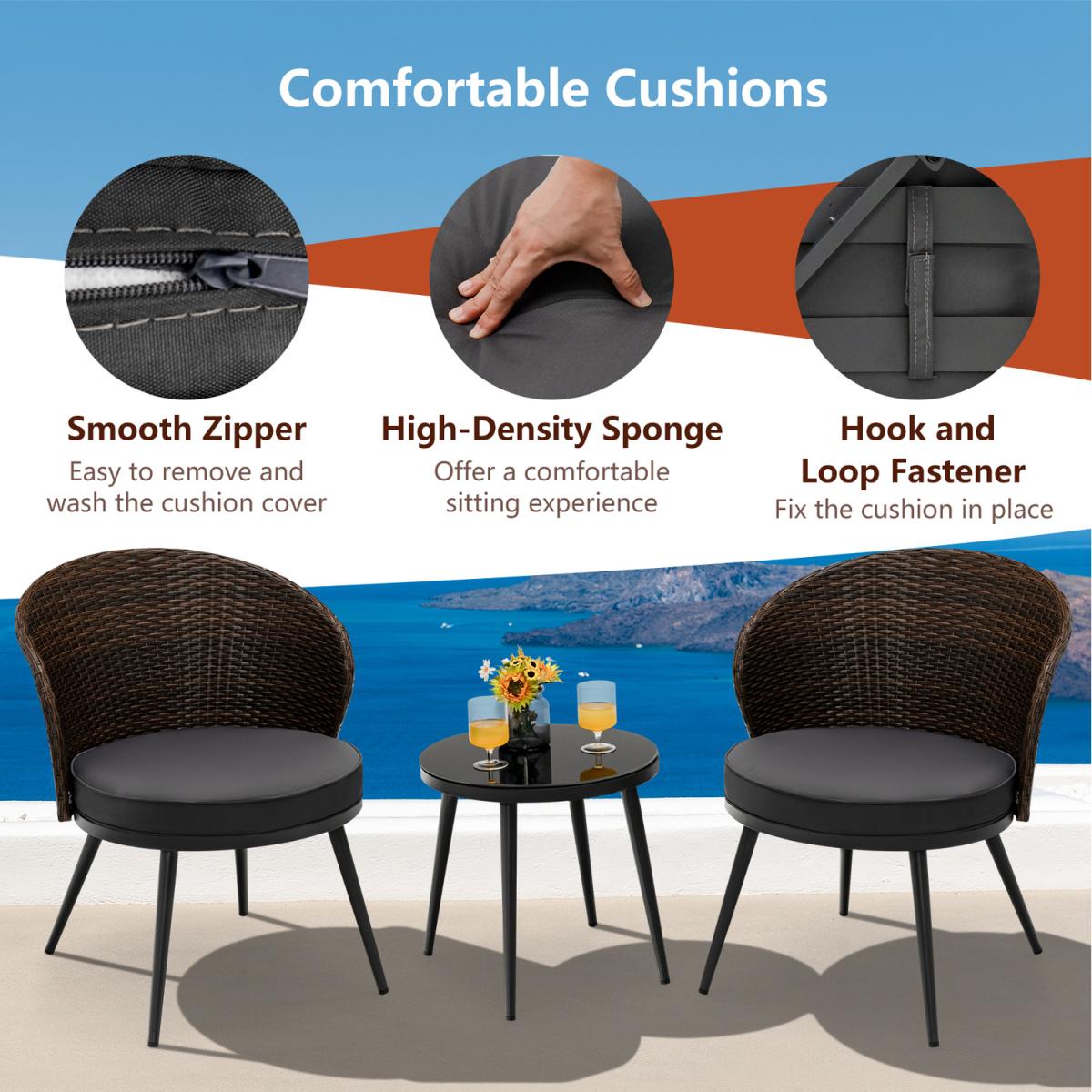 3 Piece Patio Rattan Bistro Set-Brown - Brown – image 4