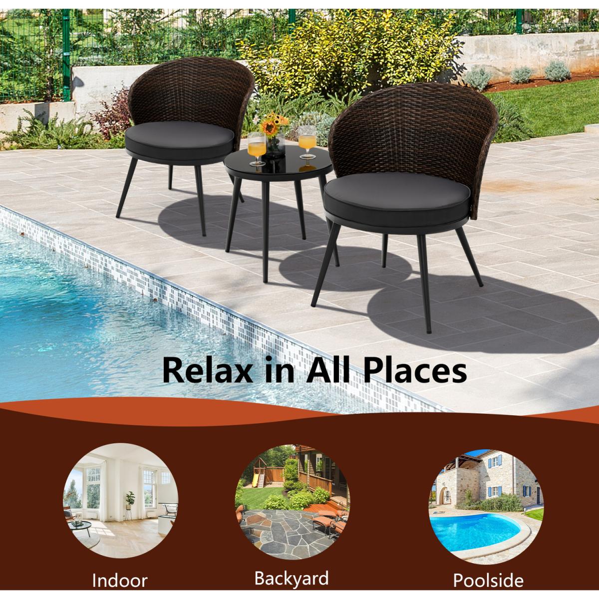 3 Piece Patio Rattan Bistro Set-Brown - Brown – image 5