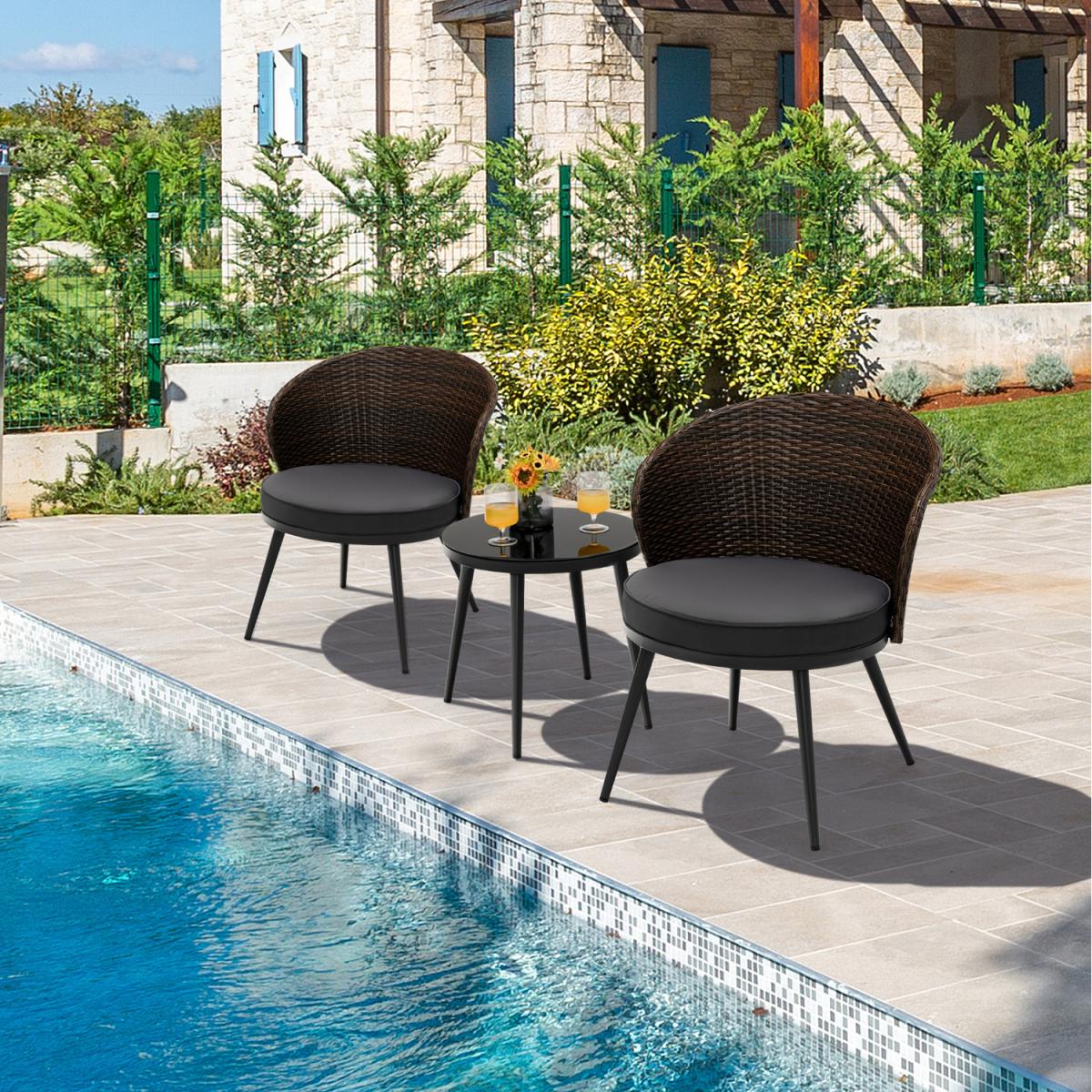 3 Piece Patio Rattan Bistro Set-Brown - Brown – image 6