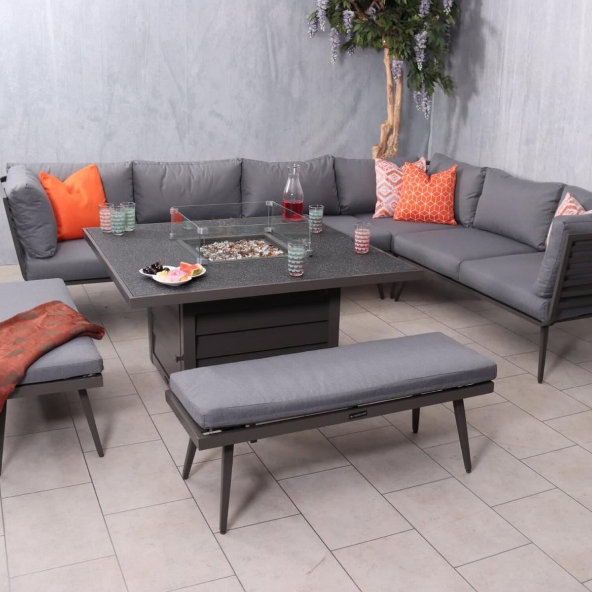 Mayfair Corner Lounging Set with Fire Pit Table - Grey