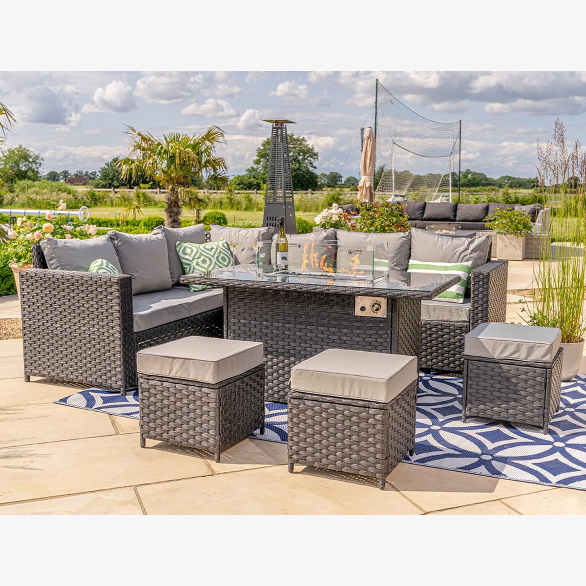 9 Seater Outdoor Black Rattan Comer Sofa Set With Fire-Pit Table - Black