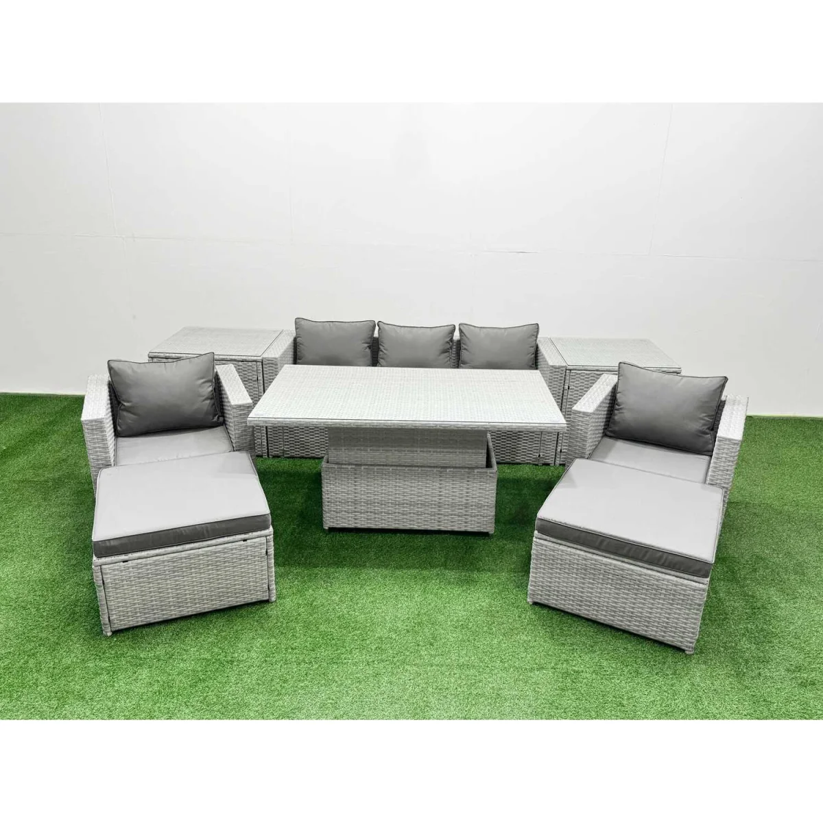 Fimous 8-Piece Rising Dining Rattan Furniture Set, Light Grey - Light grey mixed rattan with dark grey fabric – image 2