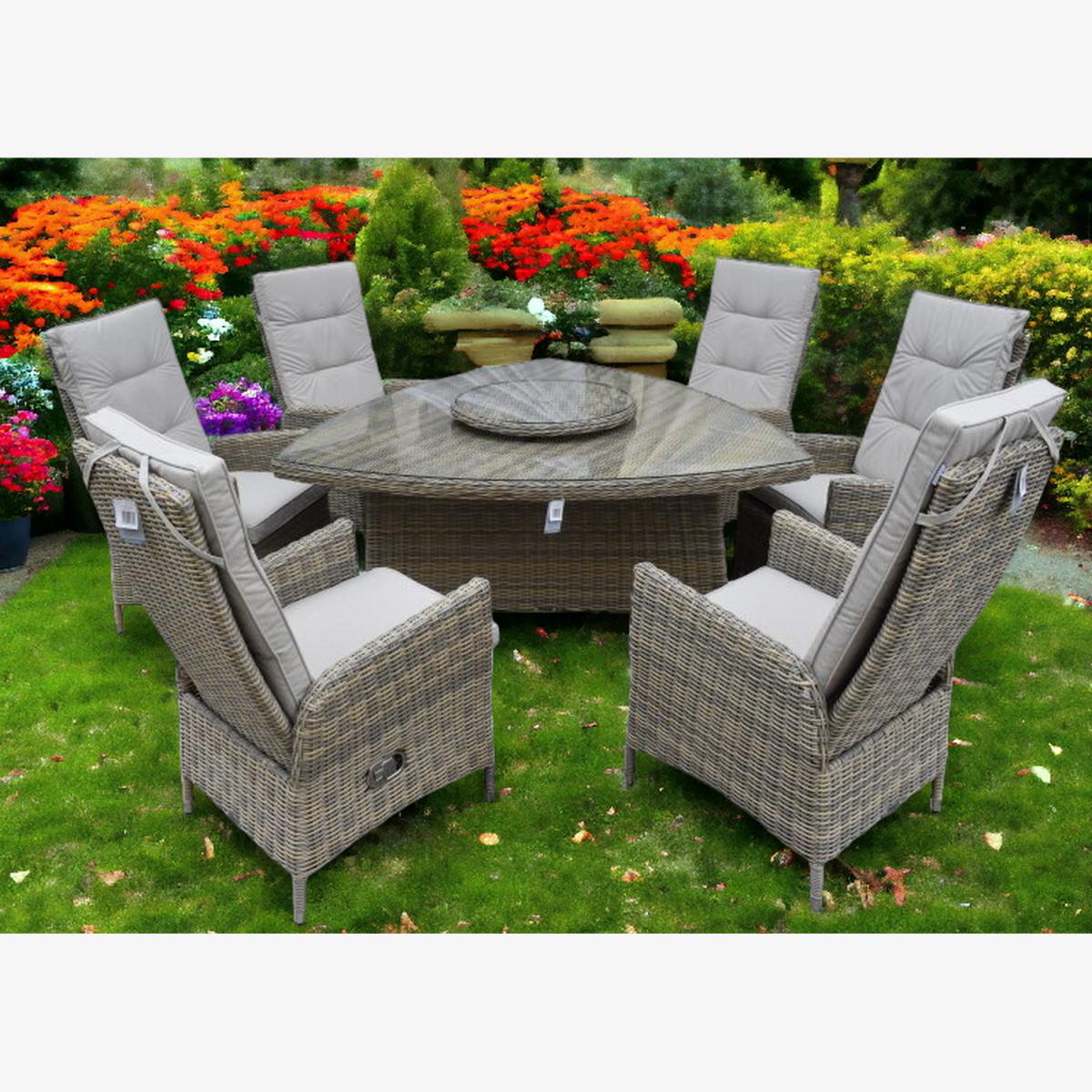 Luxury Rattan 6-Seater Triangular Reclining Dining Set - Sandstone