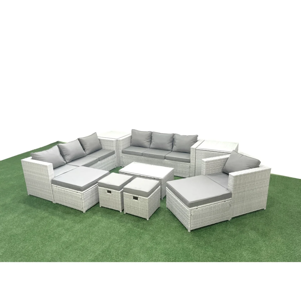 Fimous 10-Piece Rattan Garden Furniture Set with Tempered Glass Table Light Grey Mix - Light grey with dark grey fabric – image 5