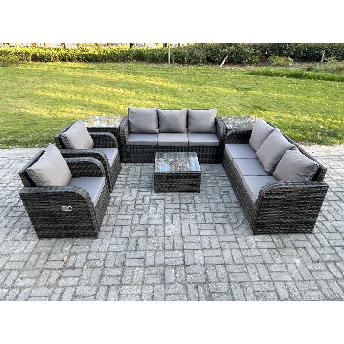Fimous 8-Seater High-Back Rattan Garden Furniture Set with Tempered Glass Tables, Dark Grey Mixed. - Dark Grey Mixed – image 3
