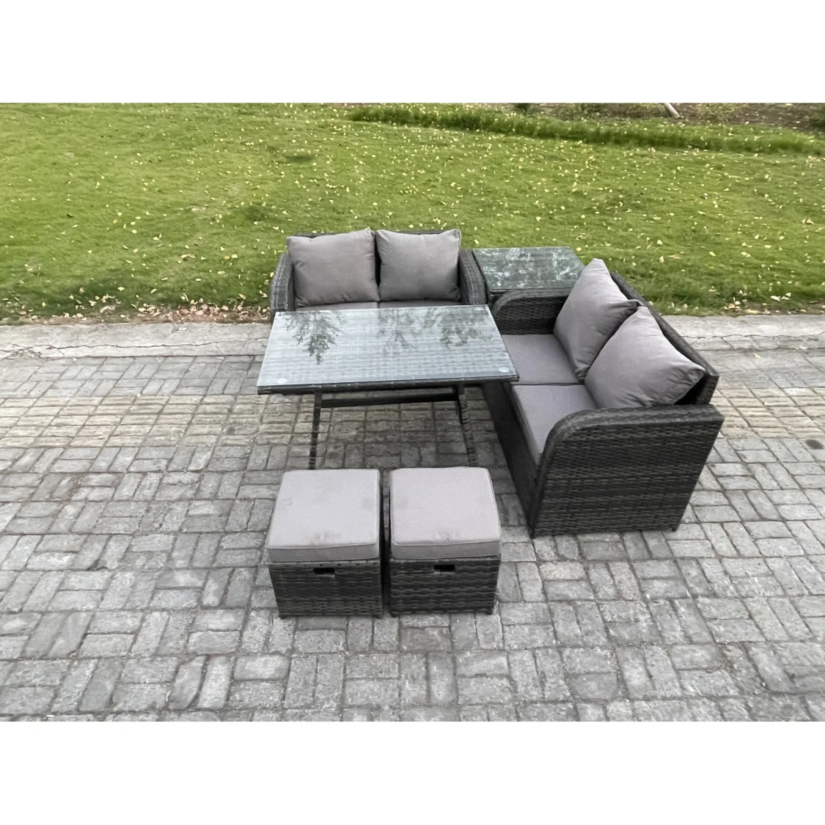 Fimous 6-Piece PE Rattan Garden Furniture Set with Tempered Glass Table Dark Grey - Dark grey mixed rattan with dark grey fabric – image 2
