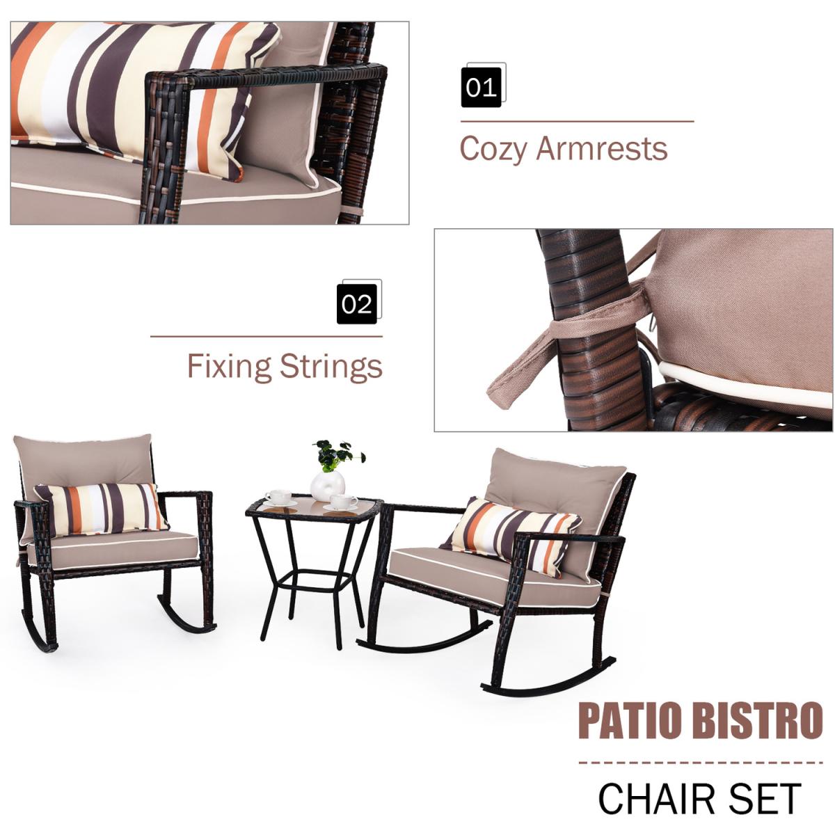 3 PCS Patio Rattan Wicker Rocking Bistro Set - Brown – image 2