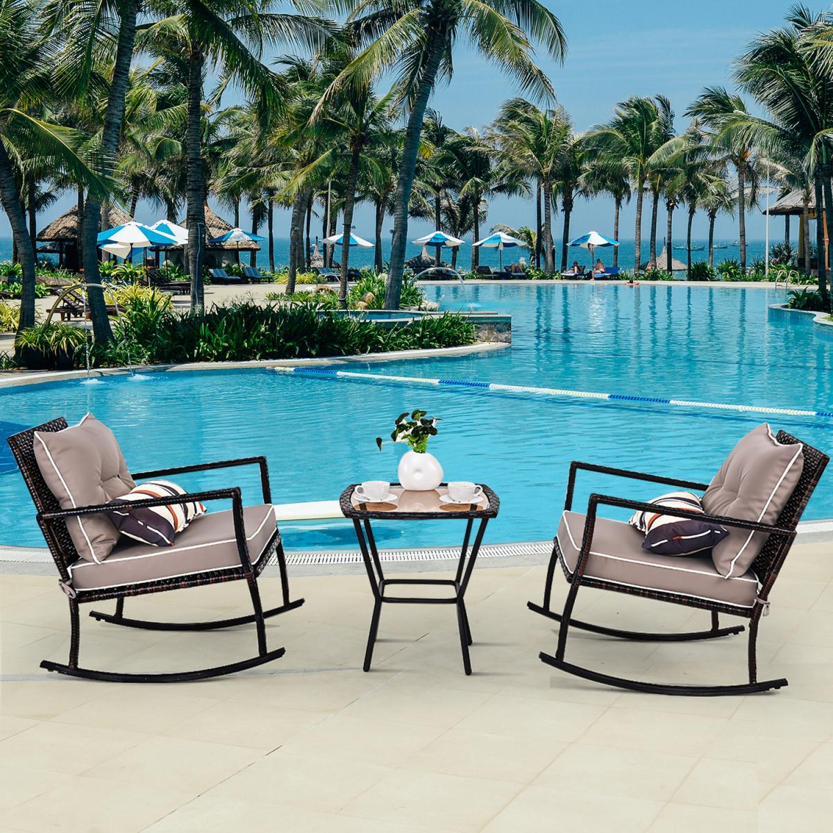 3 PCS Patio Rattan Wicker Rocking Bistro Set - Brown – image 4
