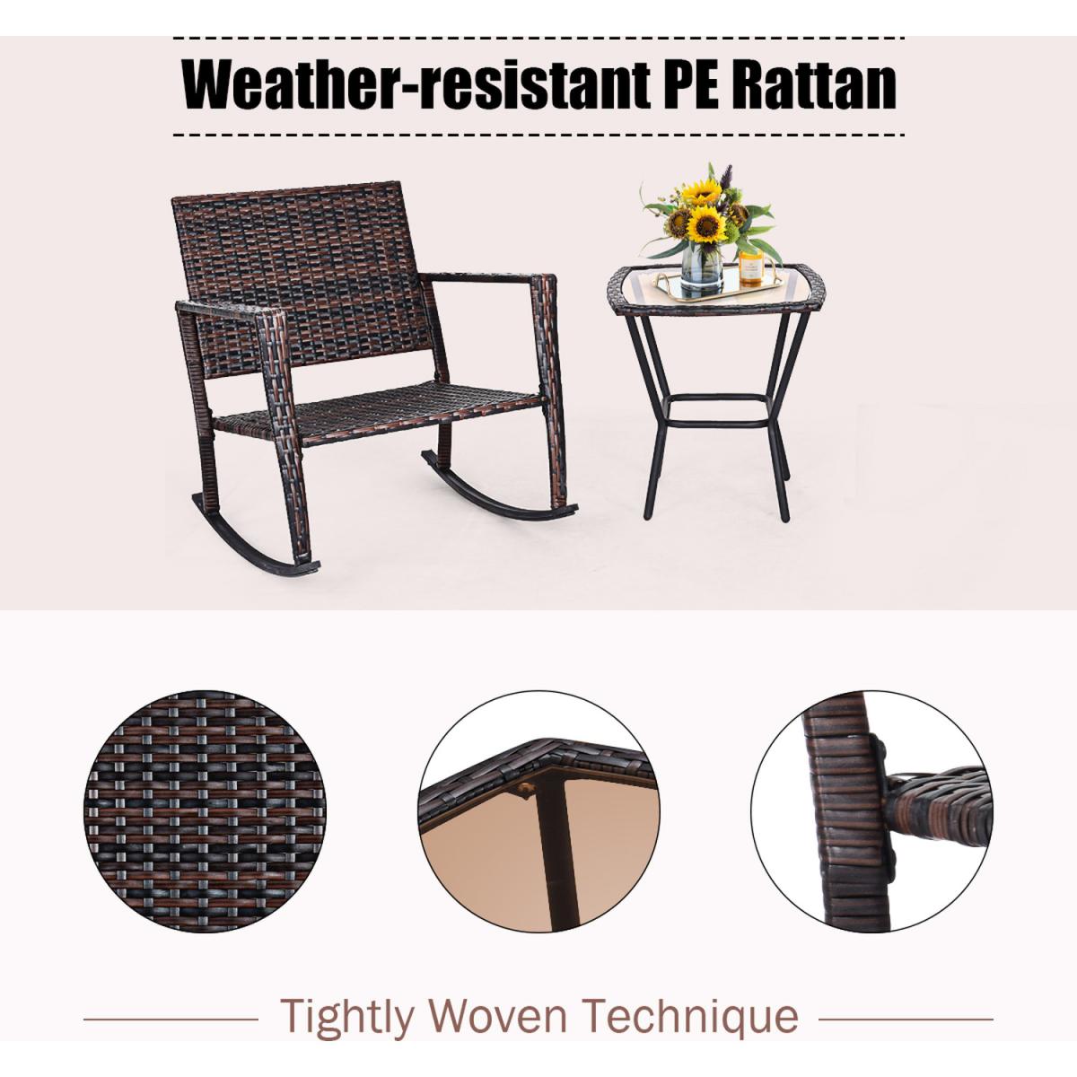 3 PCS Patio Rattan Wicker Rocking Bistro Set - Brown – image 5